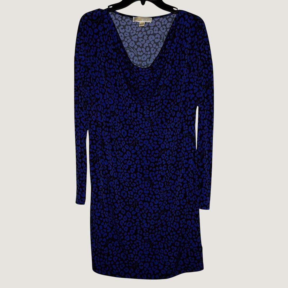Michael Kors Womens Blue Black Leopard Print Cowl Neck Long Sleeve Dress Size M‎